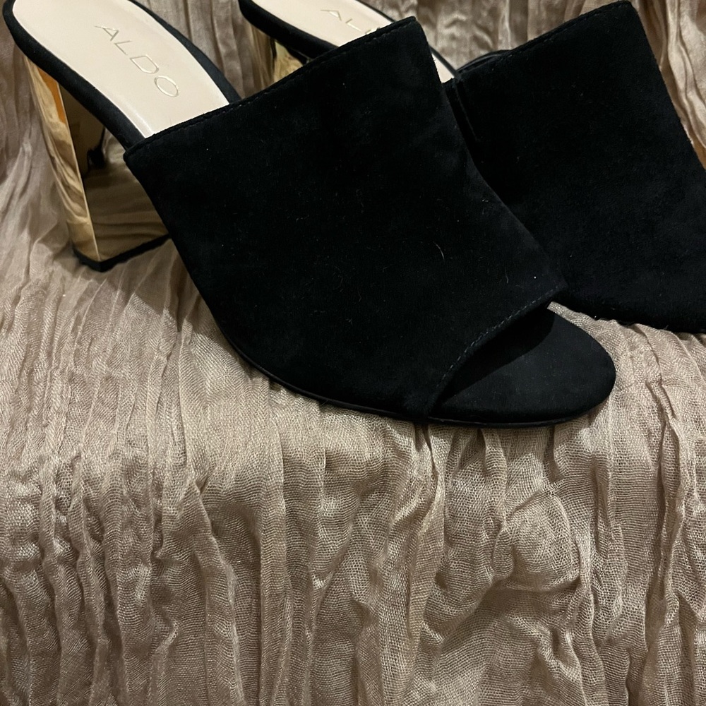 Aldo Black Mules with Elegant Design & Gold Heels